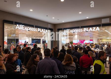 Barcelona, Spain - Nov 29, 2019: Aliexpress Plaza physical store Grand Opening during Black Friday in the shopping center Finestrelles. Stock Photo