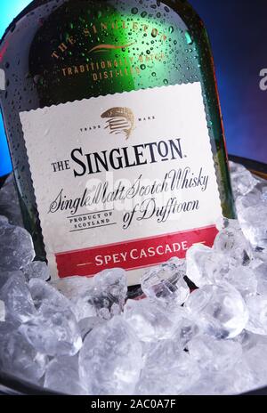POZNAN, POL - NOV 15, 2019: Bottle of Singleton of Dufftown, a brand of single malt scotch whisky produced by Dufftown distillery since 1895, now owne Stock Photo