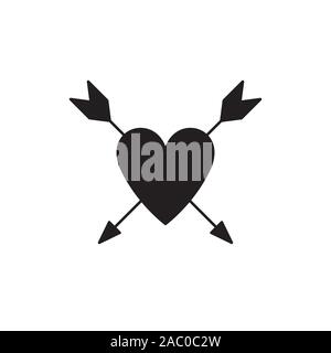 Heart pierced by an arrows icon flat. Black symbol illustration isolated on white background. Romance element. Vector illustration, icon for love, wed Stock Vector