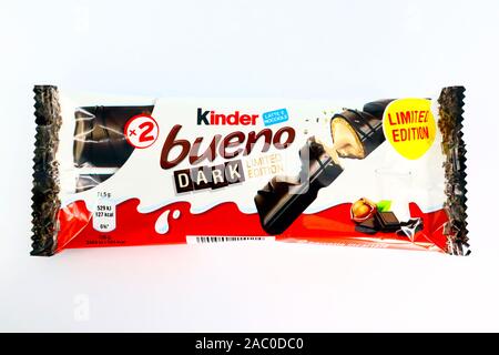 Kinder Bueno Dark Chocolate Limited Edition. Kinder is a brand of food products made in Italy by Ferrero Stock Photo