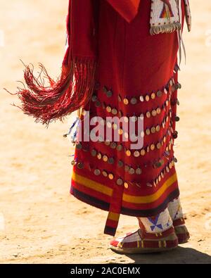 Pow Wow. Native American Woman Performing. Details of Clothes.   Chumash Day Powwow and Intertribal Gathering, Santa Barbara County, California. Stock Photo
