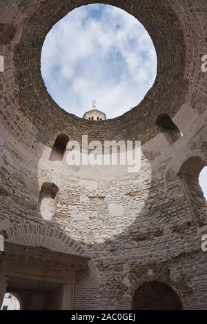 Looking up from the 4th century Rotonda, next to St. Domnius Cathedral, and part of Diocletian's Palace within the old city of Split, Croatia. Stock Photo