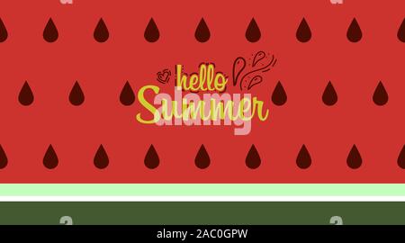 Watermelon in abstract style on colorful background. Flat colorful vector illustration. Hello summer text. Stock Vector