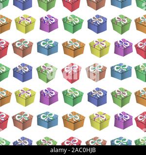 Pattern of colorful holiday boxes on white background. Stock Vector