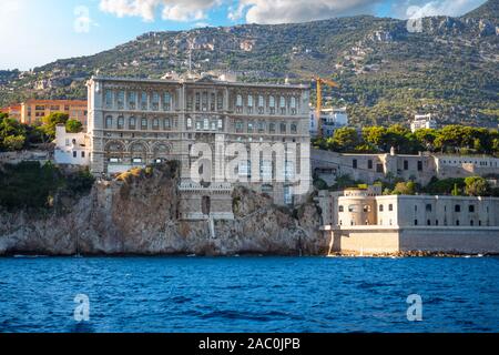 View from the sea of the Oceanographic Museum Aquarium on the coast of Monte Carlo, Monaco, on the French Riviera. Stock Photo