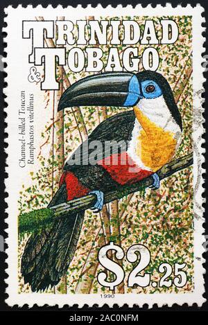 Multi-colored Toucan on postage stamp of Trinidad and Tobago