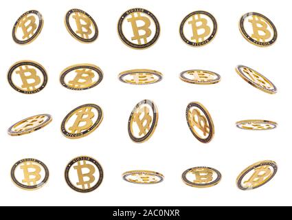 Gold cryptocoin Bitcoin explosion. Isolated on white Stock Photo