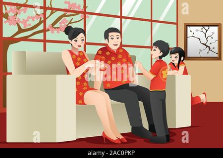 A vector illustration of Chinese Family Celebrating Chinese New Year Stock Vector
