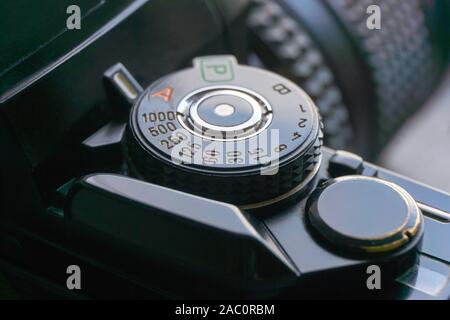 Close-up of mode and shutter speed dial of a vintage retro photo film camera Stock Photo