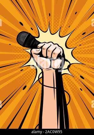 Microphone in hand drawn in pop art retro comic style. Cartoon vector illustration Stock Vector