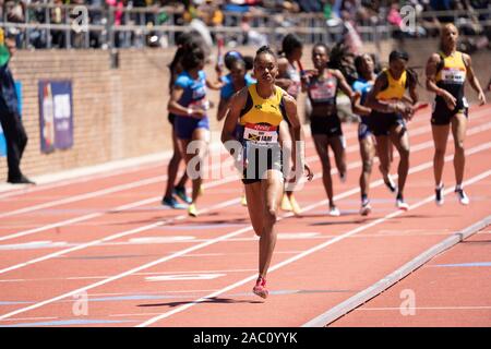 Christine Day (JAM) competing in the  USA vs the World Women 4x400m  at the 2019 Penn Relay . Stock Photo