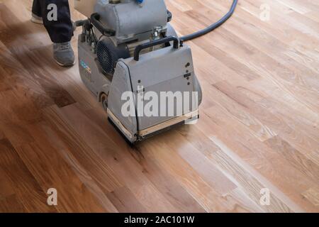 grinding floor scraping hardwood repair machine parquet polishing carpenter maintenance doing apartment wood alamy