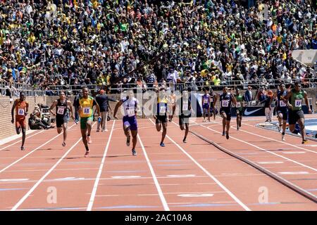 Finish of High School Boys' 4x100 Championship of America at the 2019 Penn Relay . Stock Photo