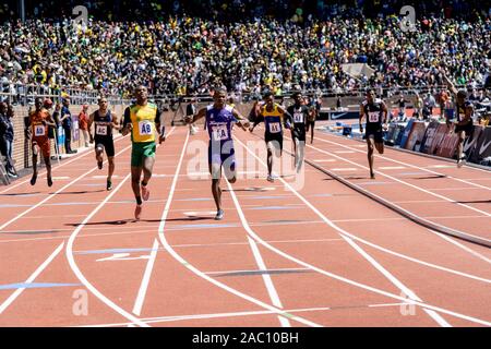 Finish of High School Boys' 4x100 Championship of America at the 2019 Penn Relay . Stock Photo