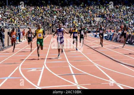 Finish of High School Boys' 4x100 Championship of America at the 2019 Penn Relay . Stock Photo