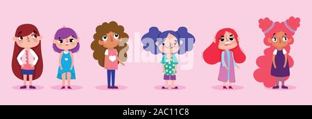 cartoon character animation group little girls with various face gestures vector illustration Stock Vector
