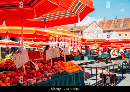 Zagreb, Croatia - July 3, 2019 : Dolac Market, fruits and vegetables stores Stock Photo