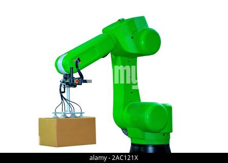 Isolated robot arm machine for industry manufacture operation on white background. Stock Photo