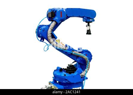 Blue robotic arm isolated on white background. Stock Photo