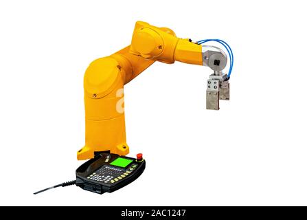 Isolated robot arm machine for industry manufacture operation on white background. Stock Photo