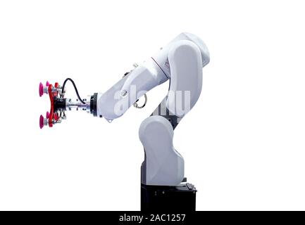 White robotic arm isolated on white background Stock Photo