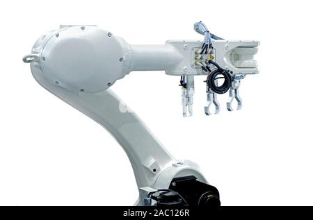 White robotic arm isolated on white background Stock Photo