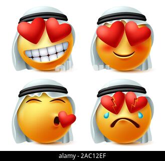 Arab smileys of heart and love vector emoticon set. Saudi arabian smiley emoticon cute face in in love, broken, hurt and loved expression wearing. Stock Vector