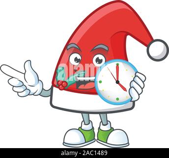 With clock smiling santa claus hat cartoon mascot style Stock Vector
