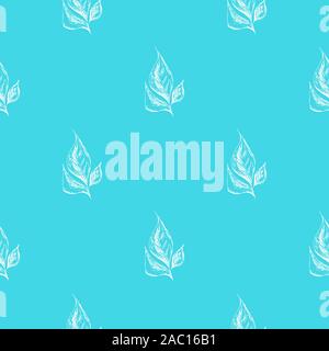 Seamless hand drawn pattern of abstract laurel leaves isolated on blue background. Vector floral illustration. Cute doodle modern isolated pop art ele Stock Vector