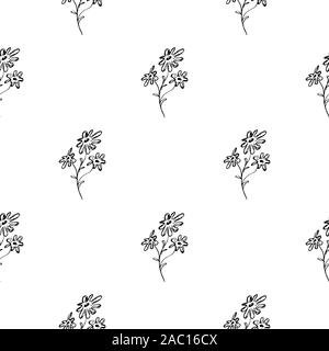 Seamless hand drawn pattern of abstract daisies flowers isolated on white background. Vector floral illustration. Cute doodle modern isolated pop art Stock Vector