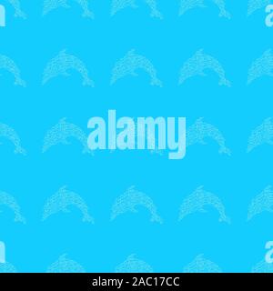 Seamless pattern of dolphins isolated on blue background. Hand drawn seamless illustration. Outline. Stock Vector