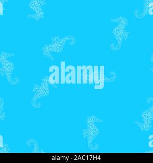 Seamless pattern of seahorses isolated on blue background. Hand drawn seamless illustration. Outline. Stock Vector