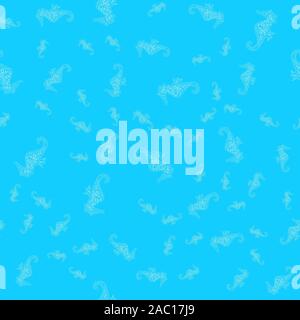 Seamless pattern of seahorses isolated on blue background. Hand drawn seamless illustration. Outline. Stock Vector