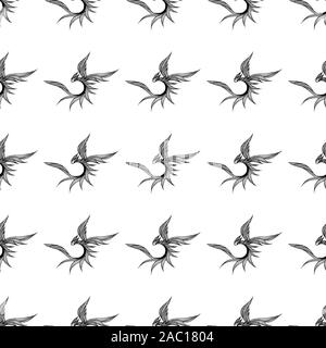 Seamless pattern of hand drawn vector dragon isolated on white background. Fantastic dragon icon. Freehand seamless silhouette of mythology aminal. Fa Stock Vector