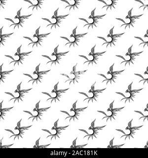 Seamless pattern of hand drawn vector dragon isolated on white background. Fantastic dragon icon. Freehand seamless silhouette of mythology aminal. Fa Stock Vector