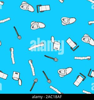 Seamless pattern of lavatory bowl, plugner, toilet paper, bucket and toilet brush icons isolated on blue background. Vector seamless pattern with hand Stock Vector