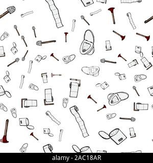 Seamless pattern of lavatory bowl, plugner, toilet paper, bucket and toilet brush icons isolated on white background. Vector seamless pattern with han Stock Vector
