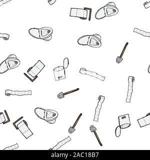 Seamless pattern of lavatory bowl, plugner, toilet paper, bucket and toilet brush icons isolated on white background. Vector seamless pattern with han Stock Vector