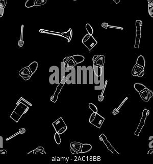 Seamless pattern of lavatory bowl, plugner, toilet paper, bucket and toilet brush icons isolated on black background. Vector seamless pattern with han Stock Vector