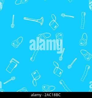 Seamless pattern of lavatory bowl, plugner, toilet paper, bucket and toilet brush icons isolated on blue background. Vector seamless pattern with hand Stock Vector