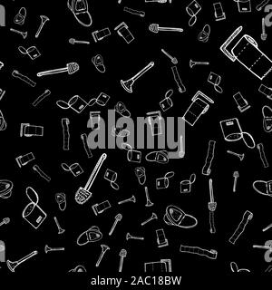 Seamless pattern of lavatory bowl, plugner, toilet paper, bucket and toilet brush icons isolated on black background. Vector seamless pattern with han Stock Vector