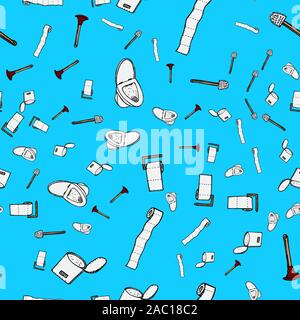 Seamless pattern of lavatory bowl, plugner, toilet paper, bucket and toilet brush icons isolated on blue background. Vector seamless pattern with hand Stock Vector