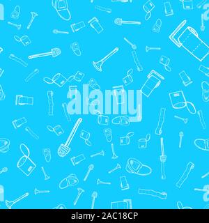 Seamless pattern of lavatory bowl, plugner, toilet paper, bucket and toilet brush icons isolated on blue background. Vector seamless pattern with hand Stock Vector