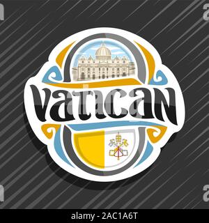 Vector logo for Vatican City, fridge magnet with flag and emblem of vatican, original brush typeface for word vatican and symbol - Saint Peter's Basil Stock Vector