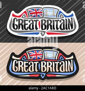 Vector logo for Great Britain country, fridge magnet with United Kingdom state flag Union Jack, original brush typeface for words great britain, natio Stock Vector