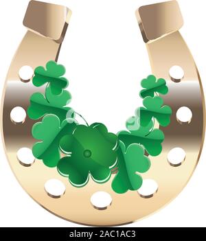 Luck symbol, gold horseshoe with green clover on white background. Stock Vector