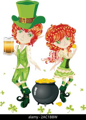 Cartoon leprechaun boy and girl with treasure pot on a grass field. Stock Vector