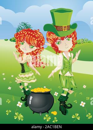 Cartoon leprechaun boy and girl with treasure pot on a grass field. Stock Vector