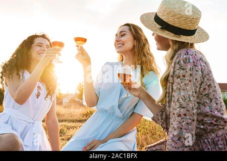 Photo of excited nice women smiling and drinking red wine at countryside during sunny day Stock Photo