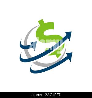 business corporate US dollar logo design. USA american currency sign with globe symbol and arrow icon vector illustrations Stock Vector